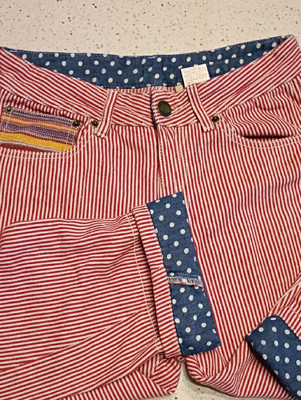 Red & White Striped Denim Shorts with Polka Dot Trim Patriotic